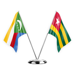 Two table flags isolated on white background 3d illustration, comoros and togo