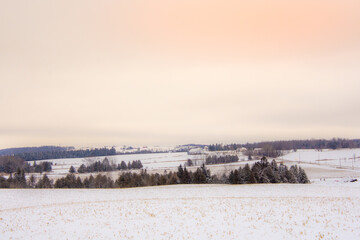 A winter countryside landscape in the province of Quebec, Canada