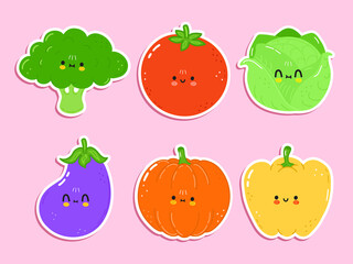 Cute happy vegetables icons set. Vector hand drawn trendy cartoon character illustration. Set of vegetables for postcard, print, label set concept