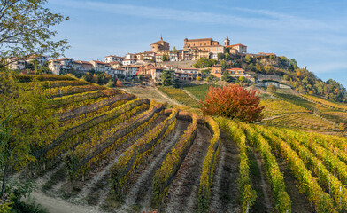 Beautiful hills and vineyards during fall season surrounding La Morra village. In the Langhe...