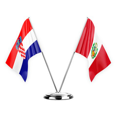 Two table flags isolated on white background 3d illustration, croatia and peru