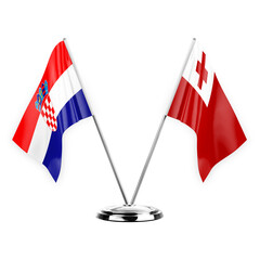 Two table flags isolated on white background 3d illustration, croatia and tonga