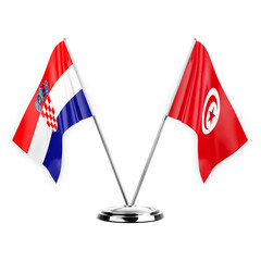 Two table flags isolated on white background 3d illustration, croatia and tunisia