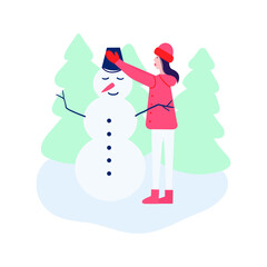 Woman making snowman. Winter outdoor activity. Vector stock illustration.