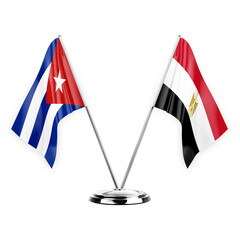 Two table flags isolated on white background 3d illustration, cuba and egypt