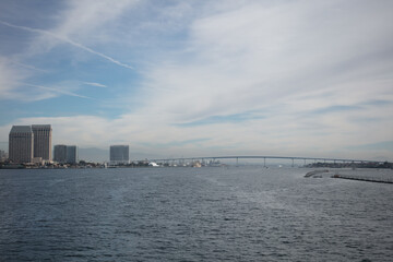  A View of the San Diego, California, Downtown Area from a Boat on Coronado Bay with the Coronado Bridge in the Background