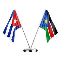 Two table flags isolated on white background 3d illustration, cuba and south sudan