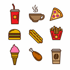 Simple set of fast food. Related vector line icons. Contains icons such as pizza, hot dog, fries, hamburger, cola, ice cream, chicken leg, coffee, tea mug.