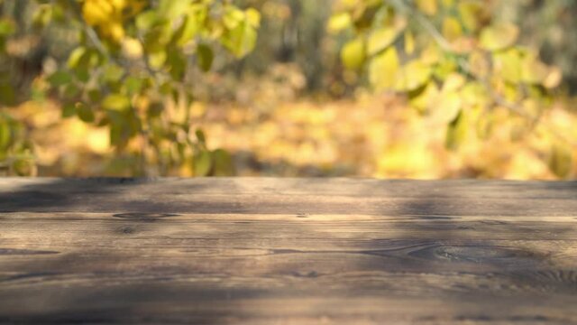 Rustic old wooden table outdoors with autumn leaves falling in the background. Empty table top planks product display with blurred background scene of autumn forest