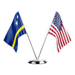 Two table flags isolated on white background 3d illustration, curacao and usa