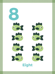 Number flashcard eight for preschool learning. English math for kids. Vector illustration