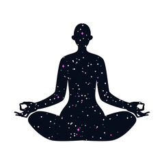 Inside the female body there is a night starry sky with twinkling stars. Female silhouette in the lotus position. Color vector illustration of a girl in harmony.
