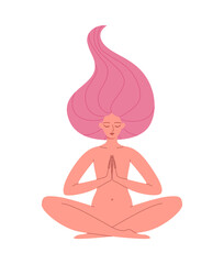 The woman is sitting in the lotus position, hands are connected. The woman is meditating. Color vector illustration of a girl in harmony with herself and the world around.