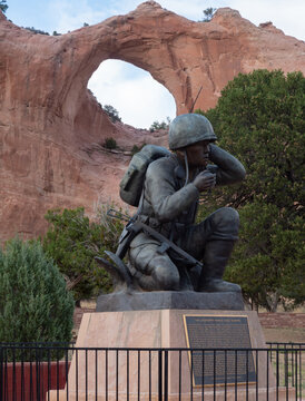 Navajo Code Talker Memorial Statue In Front Of Window Rock In Arizona