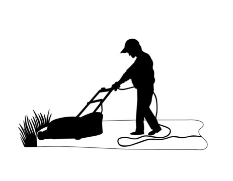 recommend clip art: A man mows the grass with a lawn mower. A black silhouette of an employee working in the park. Vector illustration isolated on a white background.