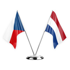 Two table flags isolated on white background 3d illustration, czechia and netherlands