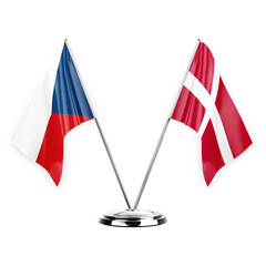 Two table flags isolated on white background 3d illustration, czechia and denmark