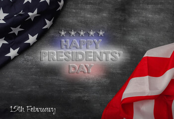 HAPPY PRESIDENT DAY Tesk in chalk on a dark background with the flag of the United States of America. USA National Holidays concept. February 15