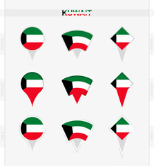 Kuwait flag, set of location pin icons of Kuwait flag.