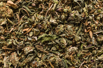 close up texture of dried and crumbled cannabis, hemp plant