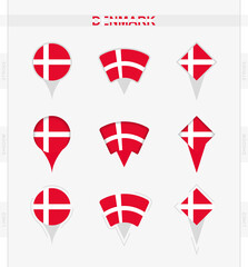 Denmark flag, set of location pin icons of Denmark flag.