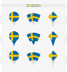 Sweden flag, set of location pin icons of Sweden flag.