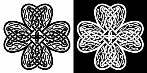 Four-leaf clover shaped knot made of Celtic heart shape knots, black and white silhouette, celtic style. Isolated vector illustration - obrazy, fototapety, plakaty