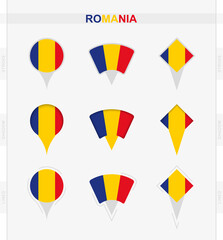 Romania flag, set of location pin icons of Romania flag.