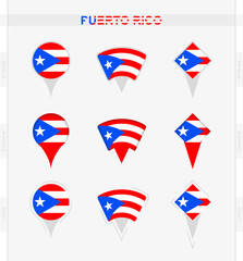 Puerto Rico flag, set of location pin icons of Puerto Rico flag.