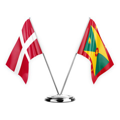 Two table flags isolated on white background 3d illustration, denmark and grenada