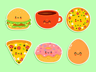 Cute happy fastfood icons set. Vector hand drawn trendy cartoon character illustration. Set of fastfood for postcard, print, label set concept