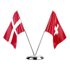 Two table flags isolated on white background 3d illustration, denmark and switzerland