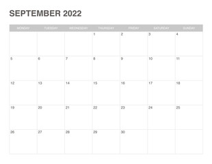 simple calendar september 2022 , start monday