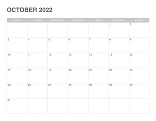 simple calendar october 2022 , start monday