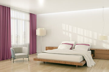 Fototapeta na wymiar Modern bright bed room interiors 3D rendering illustration computer generated image