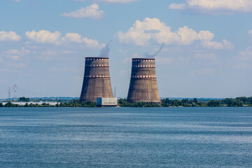 Cooling towers of Zaporizhzhia Nuclear Power Station near the city Enerhodar, Ukraine