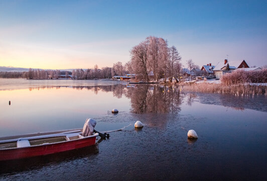 Winter sunset scene from Tofta lake in Vaxjo, Sweden