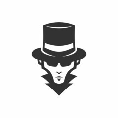 Vintage gentleman logo mark illustration. Skinny man wearing classic top hat icon template.