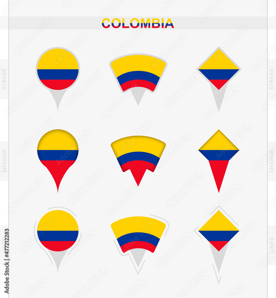 Wall mural Colombia flag, set of location pin icons of Colombia flag.