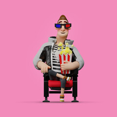 Concentrated watching movie in cinema. 3d illustration