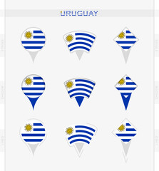 Uruguay flag, set of location pin icons of Uruguay flag.