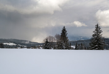 Winter remote alpine mountain village outskirts, countryside hills, groves and farmlands