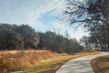 Brownwood Texas lake, walking trail, sunny day mourning, beautiful relaxing panorama  view, recreation area.