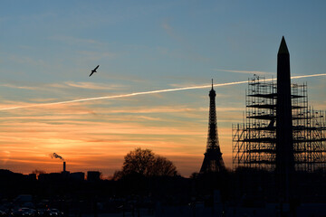 Paris at dusk. Place de la Concorde seen from Tuileries Garden. November 29, 2021.