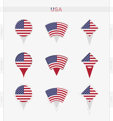 USA flag, set of location pin icons of USA flag.
