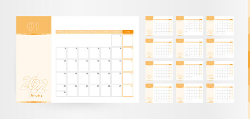 Horizontal planner for the year 2022 in the orange color scheme. The week begins on Monday. A wall calendar in a minimalist style.
