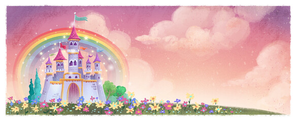 Illustration of magic castle in a field of flowers © cirodelia