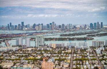 Aerial view of Miami Beach buildings and canals on a cloudy day, Florida.