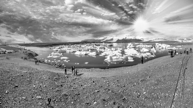 Black and white panoramic view of Jokulsarlon Lagoon in Southern Iceland - Summer season
