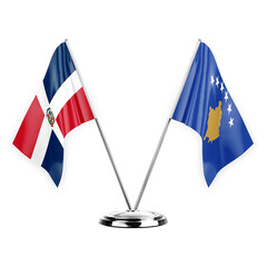 Two table flags isolated on white background 3d illustration, dominican republic and kosovo